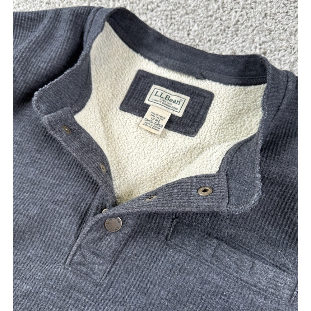 LL Bean Sherpa Lined Waffle Henley Sweater Pullover Quarter Snap Gray Mens Large - Picture 3 of 9
